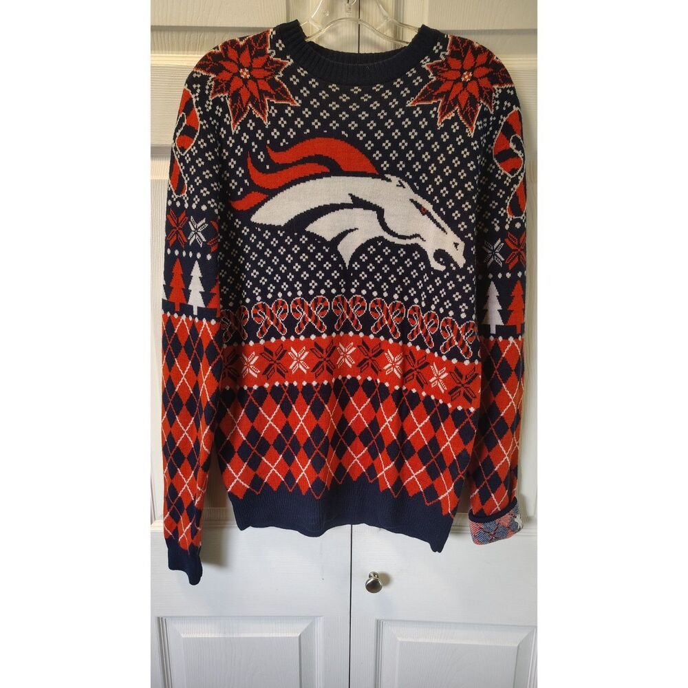 NFL Team Apparel Denver Broncos Ugly Christmas Sweater, Size Small
